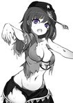  armpit_peek bangs breasts cleavage fangs greyscale hat highres looking_at_viewer medium_breasts miyako_yoshika monochrome navel ofuda open_mouth outstretched_arms purple_eyes raptor7 short_sleeves skirt solo spot_color star torn_clothes torn_skirt touhou 