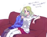  black_neckwear blonde_hair blue_sweater braid darjeeling dress_shirt girls_und_panzer kay_(girls_und_panzer) long_hair multiple_girls necktie pantyhose saunders_school_uniform school_uniform shirt short_hair sleeping sleeping_on_person st._gloriana's_school_uniform sweater thighhighs translation_request v-neck white_shirt yama_(yama005) 