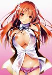  absurdres breast_hold breasts cleavage highres kikurage_(plastic_people) large_breasts long_hair looking_at_viewer nipple_slip nipples no_bra open_clothes open_shirt orange_hair panties parted_lips school_uniform shiny shiny_skin shirt solo thigh_gap underwear 
