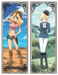  belt black_footwear blonde_hair boots breasts brown_footwear cleavage cloud commentary_request cowboy cowboy_boots cowboy_hat darjeeling day denim denim_shorts desert girls_und_panzer gloves grass hat jockey kacka kay_(girls_und_panzer) knee_boots medium_breasts midriff multiple_girls riding_crop short_shorts shorts sky western 