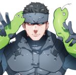  1boy 3m_0l bara double_v headband looking_to_the_side male_focus metal_gear_(series) metal_gear_solid muscle sexually_suggestive sneaking_suit solid_snake solo sweat v 