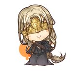  blonde_hair braid capelet cherry_(10013717) chibi dark_souls_iii fire_keeper hands_together head_tilt long_hair mask seiza sitting smile solo souls_(from_software) white_background 