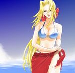  bikini blonde_hair blue_eyes breasts cleavage dead_or_alive hair_between_eyes hair_ribbon helena_douglas hybrid_cat large_breasts lipstick long_hair looking_at_viewer makeup o-ring o-ring_bikini ocean ribbon sarong solo swimsuit very_long_hair 