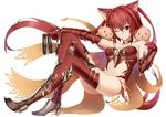  ;) aizawa_masaya animal animal_ears armor armored_boots ass bad_id bad_pixiv_id bangs bare_shoulders bikini_armor blush boots breasts cape cerberus_(shingeki_no_bahamut) cleavage closed_mouth dog dog_ears eyebrows eyebrows_visible_through_hair fang fang_out full_body gloves granblue_fantasy hair_between_eyes high_heel_boots high_heels highres long_hair looking_at_viewer medium_breasts one_eye_closed red_armor red_eyes red_gloves red_hair red_legwear shingeki_no_bahamut smile solo strapless thighhighs twintails vambraces very_long_hair white_background 