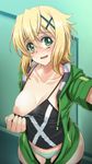  akatsuki_kirika arm_up blonde_hair blush breast_slip breasts collarbone from_above green_eyes hair_ornament hairclip hood hoodie indoors large_breasts looking_to_the_side nipples no_pants one_breast_out open_clothes open_hoodie open_mouth panties raised_eyebrows reaching_out self_shot senki_zesshou_symphogear shirt_pull short_hair shunzou smile solo striped striped_panties sweat thighhighs underwear 