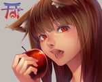  animal_ears apple brown_hair chromatic_aberration close-up fangs food fruit holo long_hair red_eyes solo spice_and_wolf wolf_ears yuuten 