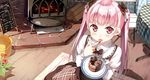  5_nenme_no_houkago blush cake chocolate dress food kantoku long_hair miyaguchi_kanna original photoshop pink_hair scan twintails 