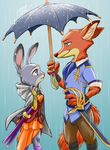  2016 alternate_costume anthro canine cloak clothing disney duo eye_contact female fox fur fuyu green_eyes grey_fur hi_res inner_ear_fluff judy_hopps lagomorph long_ears male mammal melee_weapon nick_wilde orange_fur outside purple_eyes rabbit raining simple_background smile sword umbrella weapon zootopia 