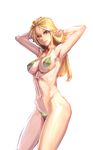  armpits arms_up blonde_hair bow_(bhp) breasts elf large_breasts leaf leaf_bikini long_hair navel original pasties pointy_ears solo standing yellow_eyes 