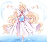  absurdres barefoot blonde_hair chage_00 closed_eyes dress fairy_tail hair_ornament happy highres long_hair mavis_vermilion open_mouth smile solo wading water white_dress 