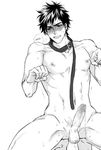  1boy abs blush collar erection humiliation leash male_focus monochrome muscle pecs penis pet solo testicles white_background yaoi 