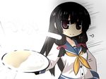  bangs black_hair blunt_bangs commentary curry curry_rice emphasis_lines food giving glowing goma_(gomasamune) hair_ribbon hand_on_hip hime_cut isokaze_(kantai_collection) kantai_collection long_hair looking_at_viewer neckerchief plate red_eyes ribbon rice school_uniform serafuku smile smug solo translated 