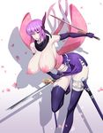  ayane_(doa) bow breasts cleavage dead_or_alive dual_wielding fingerless_gloves gloves headband huge_breasts large_bow lipstick makeup ninja ninja_gaiden no_bra open_mouth purple_hair scarf short_hair sleeveless static808wave thighhighs wakizashi weapon 