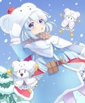  :o arm_up belt belt_buckle belt_pouch blue_dress blue_eyes blue_hair blush buckle capelet creature crown dress fir_tree gloves kiyu_mashi looking_at_viewer ole_tower outstretched_arms parted_lips plant pocket pom_pom_(clothes) pouch snow_scoop_(ole_tower) snowing standing tareme tree triangle_mouth yellow_gloves 