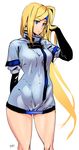  ashiomi_masato belt blonde_hair blue_eyes elbow_gloves gloves guilty_gear headband long_hair millia_rage side_ponytail solo thighs 