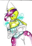  3_fingers alien anonymousinvader24 antennae big_breasts breasts clothing commissions female green_skin hair highlights humanoid invader_zim irken pose purple_hair side_boob simple_background solo standing text thick_thighs traditional_media_(artwork) watercolor_(artwork) yellow_skin 
