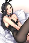  :d animal_ears bad_id bad_twitter_id black_hair bow bowtie brown_eyes bunny_ears bunny_tail bunnysuit covering covering_crotch detached_collar fang fishnet_pantyhose fishnets long_hair mole mole_under_eye open_mouth original pantyhose smile solo tail tsukino_wagamo wrist_cuffs 