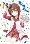  birthday black_hair blush brown_eyes confetti english funami_yui hand_on_headwear happy_birthday hat kneehighs latte_art looking_at_viewer namori nanamori_school_uniform no_shoes party_hat school_uniform serafuku short_hair simple_background sitting solo thank_you toshinou_kyouko wariza white_background yuru_yuri 