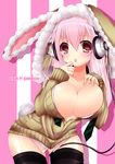  animal_ears animal_hood blush breasts bunny bunny_ears bunny_hood cardigan cleavage commentary_request fur_trim headphones hood large_breasts long_hair looking_at_viewer nitroplus no_pants open_cardigan open_clothes open_mouth pink_hair red_eyes solo super_sonico thighhighs yuncha 