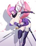  ayane_(doa) bow breasts cleavage dead_or_alive dual_wielding fingerless_gloves gloves headband huge_breasts large_bow lipstick makeup ninja ninja_gaiden open_mouth purple_hair scarf short_hair sleeveless static808wave thighhighs wakizashi weapon 