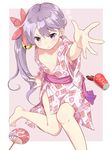  :t absurdres akebono_(kantai_collection) alternate_costume armpit_peek bell blush coca-cola collarbone commentary_request cup disposable_cup fan flat_chest flower hair_bell hair_flower hair_ornament highres japanese_clothes jingle_bell kantai_collection kengorou_saemon_ii_sei kimono long_hair looking_at_viewer open_clothes open_kimono outstretched_arm paper_fan purple_eyes purple_hair side_ponytail simple_background sitting solo spill tsurime uchiwa wide_sleeves yukata 