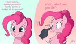  2016 ? blue_eyes boop chest_tuft dialogue disembodied_hand duo earth_pony english_text equine female feral friendship_is_magic fur hair horse mammal my_little_pony pink_fur pink_hair pinkie_pie_(mlp) pony sarmateppou smile text tuft 