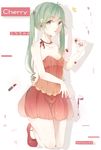  2016 character_name cherry dated food fruit green_eyes green_hair hatsune_miku highres kichiyan kneeling long_hair panties see-through solo twintails underwear vocaloid 