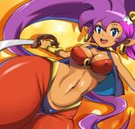  banboro_(technobot) bandana bandeau blue_eyes bracer breasts cameltoe cleavage covered_nipples cutlass_(sword) dark_skin earrings groin harem_outfit harem_pants jewelry large_breasts long_hair midriff navel open_mouth outstretched_arms pants pointy_ears ponytail purple_hair shantae_(character) shantae_(series) shantae_and_the_pirate's_curse smile solo sword thigh_gap toned very_long_hair vest weapon 