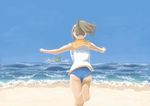  aircraft airplane barefoot beach blurry brown_hair commentary day e16a_zuiun from_behind horizon i-401_(kantai_collection) kantai_collection landing muted_color ocean outdoors outstretched_arms ponytail running school_swimsuit seaplane short_ponytail sky solo swimsuit swimsuit_under_clothes vent_arbre water waves 