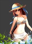  absurdres ariinine bikini bikini_skirt blue_eyes blue_ribbon breasts brown_hair cleavage diffraction_spikes front-tie_bikini front-tie_top grey_background hat highres long_hair looking_at_viewer medium_breasts navel original ribbon smile solo straw_hat striped striped_bikini swimsuit wading water 