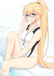  1girl between_legs black-framed_eyewear blonde_hair blue_eyes collarbone competition_swimsuit eyebrows_visible_through_hair fate/grand_order fate_(series) glasses hair_between_eyes hair_ornament hand_between_legs high_ponytail jeanne_d&#039;arc_(fate)_(all) jeanne_d&#039;arc_(swimsuit_archer) long_hair one-piece_swimsuit pool shino_skk shiny shiny_hair sitting solo swimsuit very_long_hair white_swimsuit 