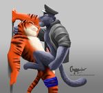  anal anal_penetration anthro balls black_jaguar chowder_(artist) clothed clothing disney duo erection feline lagomorph male male/male mammal panther penetration penis renato_manchas sex shorts stripes stripper_tiger_(zootopia) tagme tiger zootopia 