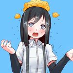  animal animal_on_head arm_warmers asashio_(kantai_collection) bird bird_on_head black_hair blue_background blue_eyes chick kantai_collection long_hair on_head open_mouth school_uniform simple_background solo soubi suspenders too_many too_many_chicks 