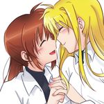  artist_request blonde_hair blush brown_hair collared_shirt couple eyes_closed fate_testarossa hand_holding happy long_hair lyrical_nanoha mahou_shoujo_lyrical_nanoha mahou_shoujo_lyrical_nanoha_strikers military_uniform multiple_girls side_ponytail smile sos77755 takamachi_nanoha uniform yuri 