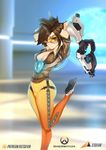  arms_up artist_name astdevir bodysuit bomber_jacket breasts brown_eyes brown_hair cleavage gun handgun highres jacket leg_lift looking_at_viewer medium_breasts orange_bodysuit overwatch pants parted_lips pistol short_hair skin_tight smile solo thighs tight tight_pants tracer_(overwatch) weapon wide_hips 