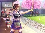  akagi_(kantai_collection) archery archery_dojo arrow black_hair bow_(weapon) brown_eyes brown_hair cherry_blossoms commentary_request drawing_bow frame fubuki_(kantai_collection) gloves hakama_skirt headband high_ponytail japanese_clothes jun'you_(kantai_collection) kaga_(kantai_collection) kantai_collection kariginu kotatsu_(kotatsu358) kyuudou light_brown_hair long_hair looking_to_the_side multiple_girls muneate petals photo_(object) pleated_skirt ponytail purple_hair ryuujou_(kantai_collection) shaded_face shoukaku_(kantai_collection) side_ponytail silver_hair skirt tasuki thighhighs tree twintails visor_cap weapon zettai_ryouiki zuihou_(kantai_collection) zuikaku_(kantai_collection) 