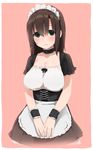  apron breasts brown_hair choker frilled_choker frills green_eyes hair_over_eyes hakumei_kosen highres large_breasts long_hair maid maid_headdress original red_background simple_background solo v_arms wrist_cuffs 
