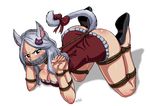  1girl all_fours animal_ears bdsm blush bondage breasts brown_eyes charle_(fairy_tail) cleavage dress fairy_tail frogtie gag gagged grey_hair long_hair looking_at_viewer pet_play sketchlanza solo tail tape tape_gag 