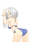  against_wall ass back bad_id bad_pixiv_id bikini blue_bikini breasts grey_eyes hair_ornament hairclip hamakaze_(kantai_collection) highres kantai_collection large_breasts leaning_forward looking_at_viewer mouth_hold ootsuki_momiji ribbon ribbon_in_mouth side-tie_bikini sideboob silver_hair smile solo swimsuit trefoil untied untied_bikini 