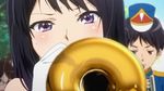  1girl artist_request bare_shoulders black_hair character_request elbow_gloves gloves hibike!_euphonium highres instrument kousaka_reina long_hair marching_band music playing_instrument purple_eyes solo_focus source_request trumpet white_gloves 