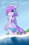  2016 bikini clothing dragon female freedom_planet goshaag hair horn looking_at_viewer looking_back outside partially_submerged purple_eyes purple_hair sash_lilac smile solo swimsuit video_games water wet 