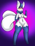  anthro blue_fur breasts cat feline female fur half-closed_eyes iguanasarecool mammal meowstic multi_tail nintendo nipples paws pok&eacute;mon purple_background pussy simple_background solo standing video_games white_fur 