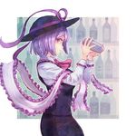  bartender bottle from_side glass hat hat_ribbon long_sleeves looking_at_viewer nagae_iku pink_eyes purple_hair ribbon shawl short_hair skirt solo terrajin touhou vest 