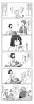  animal_on_head animal_on_lap bag bangs bench blunt_bangs bottle cat closed_eyes comic commentary_request eating flying_sweatdrops food food_in_mouth glasses greyscale highres holding holding_bag holding_food long_hair monochrome on_head original ponytail sandwich school_bag shirt shopping_bag short_hair sitting skirt suetake_(kinrui) sweatdrop sweater_vest tote_bag translation_request 