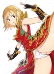  :o amami_amayu arm_belt arm_guards armpits ass_visible_through_thighs bare_shoulders black_gloves blonde_hair blurry blush braid brown_eyes china_dress chinese_clothes depth_of_field djeeta_(granblue_fantasy) dress elbow_gloves eyebrows eyebrows_visible_through_hair eyelashes faulds fingerless_gloves gloves granblue_fantasy kicking kung_fu_(granblue_fantasy) lace lace-trimmed_panties legs_up motion_blur outstretched_arms panties pantyshot pantyshot_(kicking) parted_lips red_dress shiny shiny_skin simple_background single_braid sleeveless sleeveless_dress solo standing standing_on_one_leg tareme thighs underwear upskirt v-shaped_eyebrows white_background 