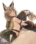  animal_ears blush braid breasts brown_eyes claws erune fang granblue_fantasy grey_hair highres hip_vent long_hair looking_at_viewer lying medium_breasts midriff on_stomach open_mouth pleated_skirt red_eyes sen_(granblue_fantasy) sideboob skirt solo tokopi 