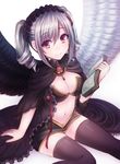  bikini bikini_top black_bikini black_cape black_legwear black_skirt black_wings blush book breasts brooch cape cleavage closed_mouth drill_hair eyebrows eyebrows_visible_through_hair feathered_wings frills gem hairband holding holding_book idolmaster idolmaster_cinderella_girls jewelry kamanatsu kanzaki_ranko lolita_hairband looking_at_viewer medium_breasts midriff miniskirt navel open_book robe ruby_(stone) short_hair silver_hair skirt smile solo stomach swimsuit tareme thighhighs twin_drills twintails white_wings wings zettai_ryouiki 