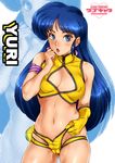  1girl blue_eyes blue_hair blush breast_press breasts cameltoe character_name cleavage cleavage_cutout cowboy_shot dirty_pair earrings erect_nipples gloves highres legs long_hair looking_at_viewer mound_of_venus navel parted_lips puffy_nipples sakuradou shiny shiny_hair shiny_skin shorts simple_background single_glove sleeveless small_breasts solo standing thighs yellow_gloves yuri_(dirty_pair) 