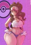  1girl bare_shoulders blue_eyes breasts brown_hair carmessi cleavage curvy erect_nipples grin hat large_breasts long_hair looking_at_viewer pokemon smile solo standing thick_thighs touko_(pokemon) wide_hips 