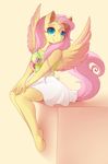  2016 absurd_res anthro anthrofied clothed clothing equine evehly feathered_wings feathers female fluttershy_(mlp) friendship_is_magic fur hair hi_res long_hair mammal my_little_pony pegasus pink_hair simple_background sitting solo teal_eyes wings yellow_fur 
